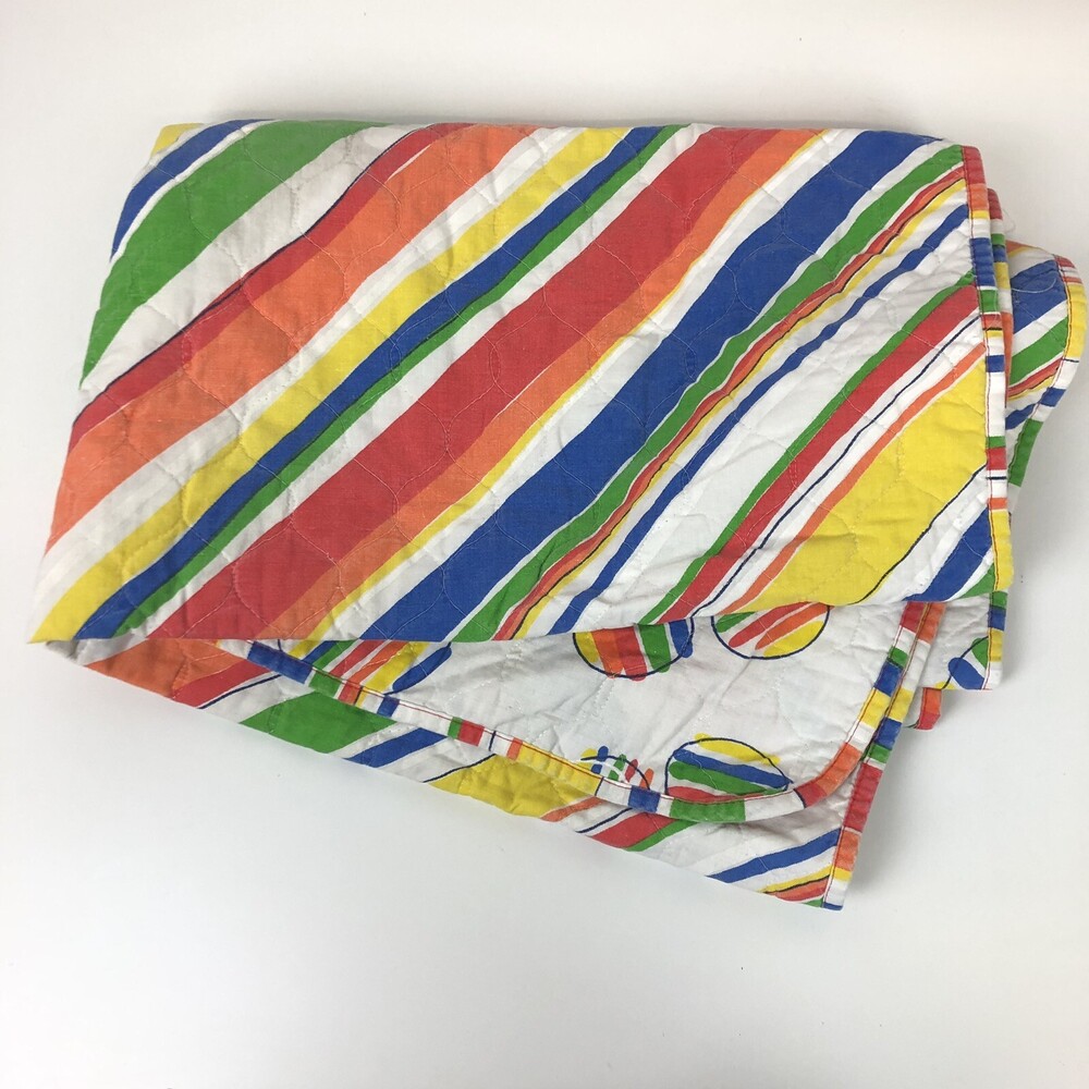 VTG Quilted Blanket 64” X 34” Rainbow Balloons Colorful Handmade Crib Baby Throw